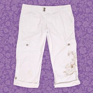 2000s Cache White Mid-Rise Cargo Capri Pants with Golden Embroidery | Size 8